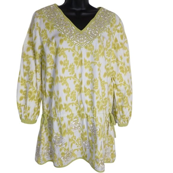 Kas New‎ York Tunic Top Women M yellow Embroidered Boho Chic Casual Long Sleeve - Picture 1 of 8